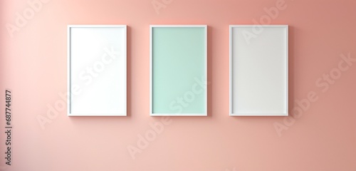 Empty mockup of a minimalist wooden frame on a soft pastel wall, presenting a clean slate for contemporary and imaginative artwork.