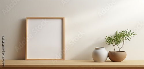 In the frame of a camera lens, a blank wooden frame casts a shadow on a plain wall, presenting a minimalist art display mockup. The empty scene invites contemplation and simplicity.
