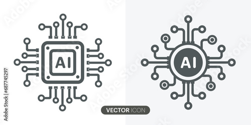 Artificial intelligence AI processor chip icon set.Mini AI CPU icon in flat style for graphic design, logo, web site, social media. Vector illustration.