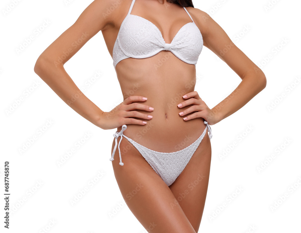 Young woman in stylish bikini isolated on white, closeup Young woman in stylish bikini isolated on white, closeup