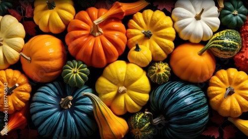 Autumn harvest colorful squashes and pumpkins in different varieties. A selection of winter squash and pumpkin shot from overhead photo