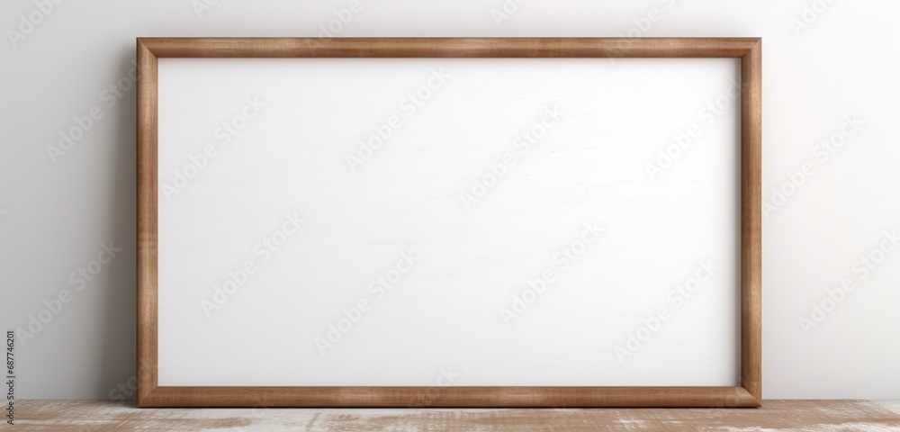Wooden frame showcasing an empty canvas against a neutral background, embodying simplicity and sophistication. Empty mockup. Wooden frame showcasing an empty canvas against a neutral background, embodying simplicity and sophistication. Empty mockup.