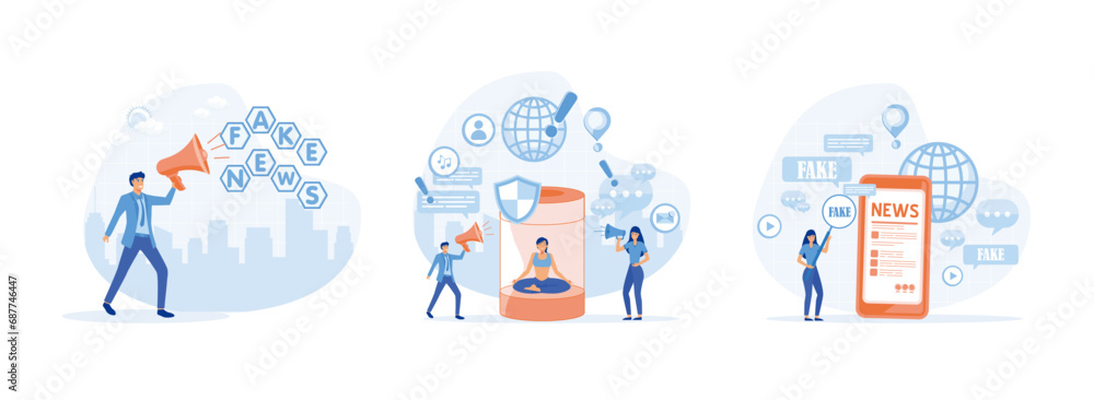Fototapeta premium businessman holding megaphone, stop false news from television, internet Fake news concept. Fake news 2 set flat vector modern illustration