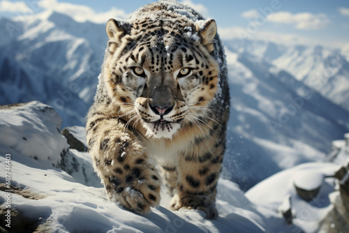An elusive snow leopard traversing the mountainous terrain, symbolizing the resilience and adaptability of wildlife in challenging environments. Generative Ai.