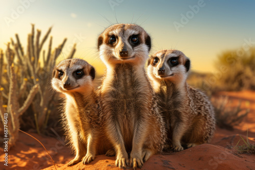 A family of meerkats standing alert in the desert, showcasing the cooperative and vigilant nature of these social animals. Concept of teamwork and community in the wild. Generative Ai. © Sebastian