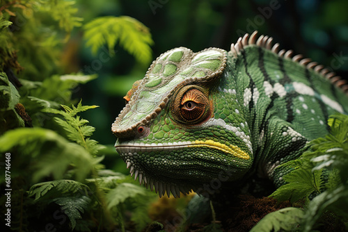 A chameleon blending seamlessly with its surroundings  exemplifying the camouflage techniques employed by various species for survival. Concept of adaptation and camouflage in nature. Generative Ai.