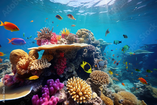 A vibrant coral reef teeming with diverse marine life, underscoring the fragile beauty of underwater ecosystems. Concept of coral reef conservation and marine biodiversity. Generative Ai. © Sebastian
