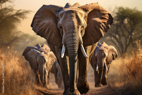 A wise old elephant leading its herd through the grasslands, showcasing the familial and leadership dynamics within elephant communities. Concept of family bonds in wildlife. Generative Ai. © Sebastian