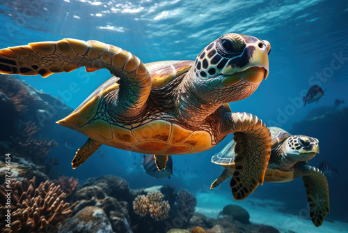 A group of sea turtles gliding gracefully through the ocean depths, representing the enduring spirit of ancient creatures in the marine world. Concept of sea turtle conservation. Generative Ai. © Sebastian