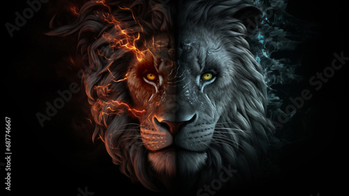 portrait of a fire and ice lion on black background. Spiritual Fire and Ice of Jesus