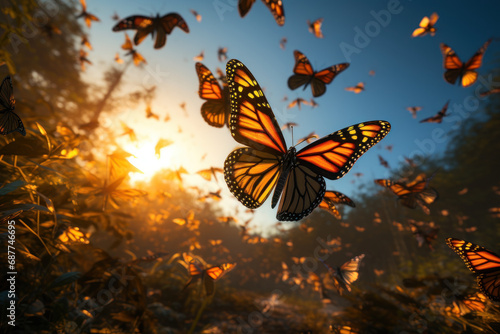 A swarm of monarch butterflies during their migration, illustrating the remarkable journeys and interconnectedness of species across vast distances.  Generative Ai.