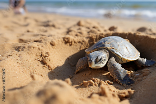 A serene scene of a turtle laying eggs on a sandy beach, underlining the cyclical and fragile nature of certain species' life cycles.  Generative Ai. © Sebastian