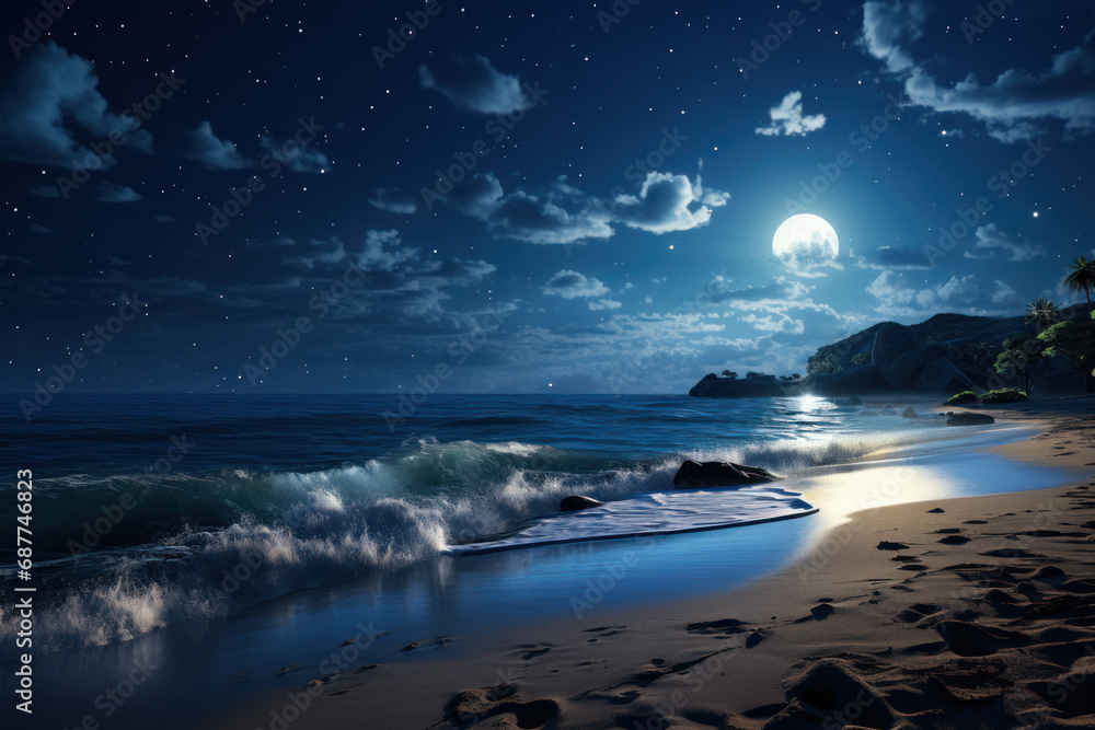 Moonlit waves gently kissing the shore, weaving a shimmering tapestry of silver on the sands below. Concept of the tranquil beauty of moonlit seascapes. Generative Ai.