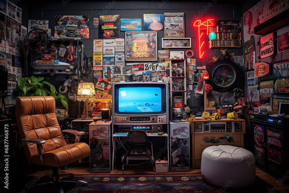 Vintage 90s nostalgia with a retro gaming setup and fashion in a teenager's room - obrazy, fototapety, plakaty 
