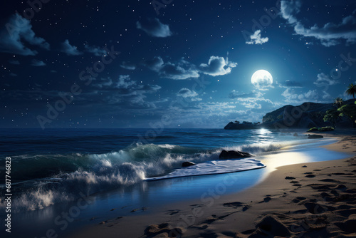 Moonlit waves gently kissing the shore  weaving a shimmering tapestry of silver on the sands below. Concept of the tranquil beauty of moonlit seascapes. Generative Ai.
