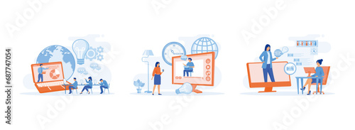 Webinar and online education courses, Webinar and video seminar learning concept, Media Design for Business. Online education set flat vector modern illustration
