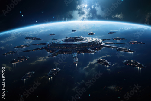 Fototapeta Naklejka Na Ścianę i Meble -  A celestial fleet of interstellar ships, sleek and aerodynamic, embarks on a cosmic voyage across the galaxy, symbolizing the boundless exploration of space. Generative Ai.