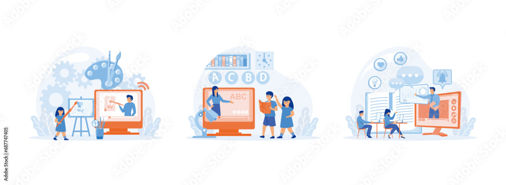 Online art class, E-learning, Online early childhood education courses, Online education, home schooling. E-learning set flat vector modern illustration