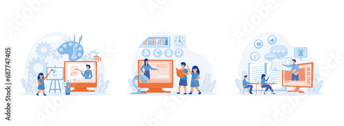 Online art class, E-learning, Online early childhood education courses, Online education, home schooling. E-learning set flat vector modern illustration