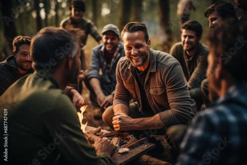 Team-building retreat in a natural setting, featuring outdoor activities and discussions to strengthen team bonds and enhance interpersonal relationships. Generative Ai.