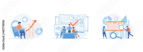 Data scientist job.  Visualizer and analyst working on a project. Data science research. Data Scientist set flat vector modern illustration 