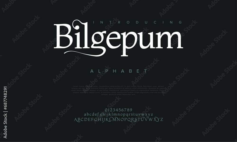 Bilgepum premium luxury elegant alphabet letters and numbers. Elegant wedding typography classic serif font decorative vintage retro. Creative vector illustration