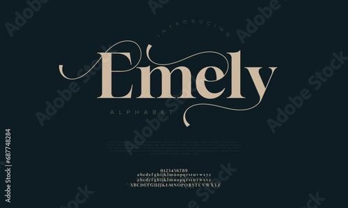 Emely premium luxury elegant alphabet letters and numbers. Elegant wedding typography classic serif font decorative vintage retro. Creative vector illustration