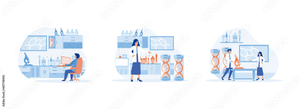 Scientists research in laboratory process, holding laboratory, scientists conducting scientific research. Laboratory scientist set flat vector modern illustration  