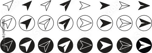 Black Flat Message send icons Set. Direct messages or DM symbols editable stock. Send post or mail or email arrows icons. Plane origami send icons for web designs isolated on transparent background. photo