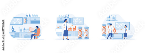Scientists research in laboratory process, holding laboratory, scientists conducting scientific research. Laboratory scientist set flat vector modern illustration  