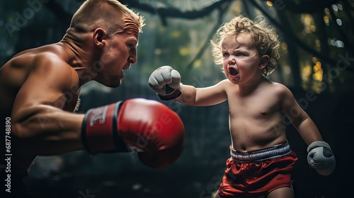 toddlers engaging in a boxing match, displaying remarkable attitude and character despite their young age. The scene highlights the unexpected strength and determination in youth. Generative AI. © Sebastián Hernández