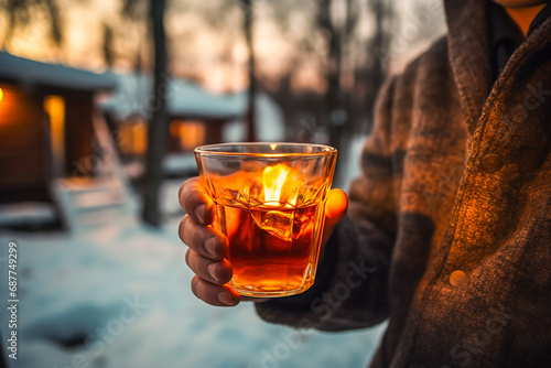 Man outside house or cottage with hot wine or whiskey. Winter evenings, Scandinavia, cold winter fun, living in an elegant villa, lifestyle concept. photo