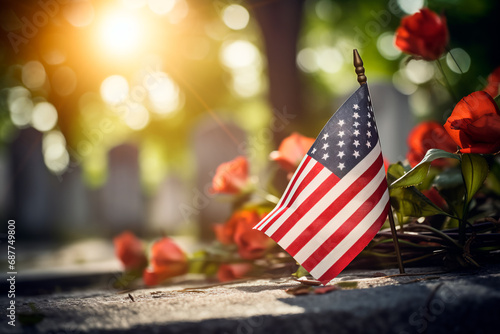 The American flag placed on the grave of a fallen soldier, a poignant tribute to their sacrifice. Memorial Day, remembering the fallen soldiers around the world. 