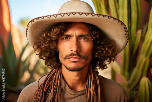 A portrait featuring a young strong and stylish Mexican man with curly hair, wearing a traditional hat, set against a background of cacti and the Mexican desert. Cinco de Mayo, Mexicos defining moment photo