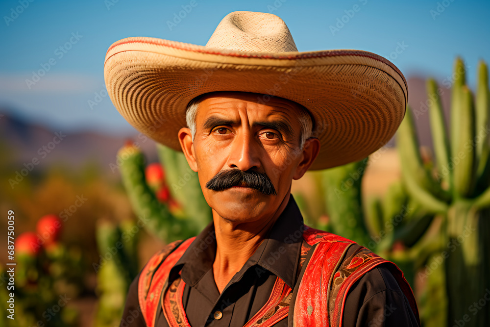 A portrait featuring a stereotypical image of a tanned Mexican man with