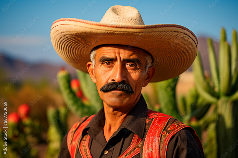 A portrait featuring a stereotypical image of a tanned Mexican man with a mustache, wearing a traditional Mexican hat, set against a backdrop of cacti and the desert in Mexico. Cinco de Mayo, Mexicos 