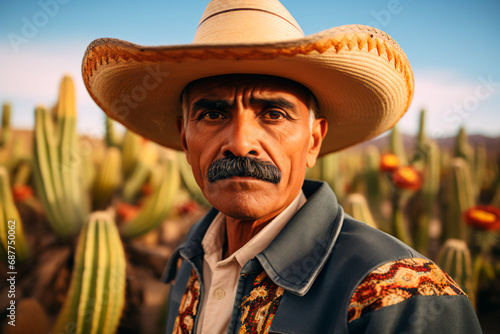 A portrait featuring a stereotypical image of a tanned Mexican man with a mustache, wearing a traditional Mexican hat, set against a backdrop of cacti and the desert in Mexico. Cinco de Mayo, Mexicos  photo