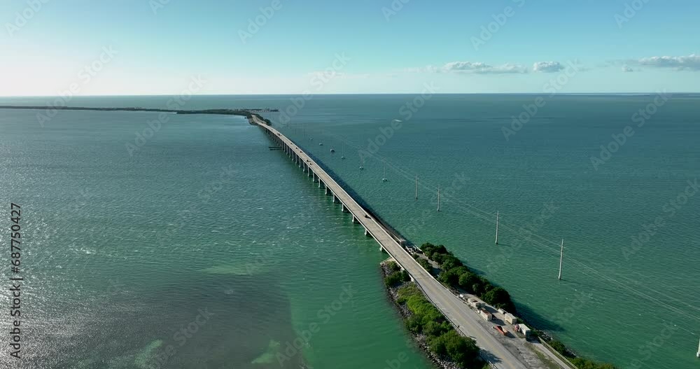 Aerial view of one of the bridges connected Florida Keys, Overseas Highway leading to Key West, late afternoon light