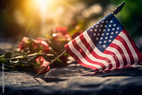 The American flag placed on the grave of a fallen soldier, a poignant tribute to their sacrifice. Memorial Day, remembering the fallen soldiers around the world.

 photo