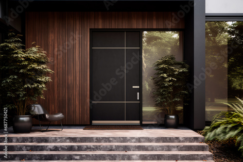 Main entrance door of a villa with Japanese minimalist style. Black panel walls and timber wood lining adorn the front door. The backyard features a beautiful landscape design. 