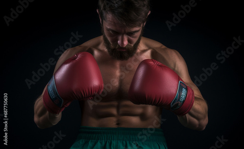 An athlete dons determined expression and green boxing glove, with dynamic lighting effect in background. This powerful image captures intensity and focus of boxer Generative AI. © Surachetsh