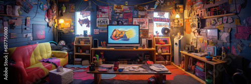 Vintage 90s nostalgia with a retro gaming setup and fashion in a teenager's room photo