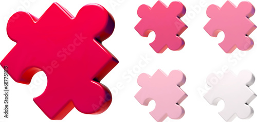 Jigsaw puzzle 3d set. Bright bold red and pastel pink or white glossy pieces in isometric cartoon style. Vector matching game part illustration isolated.