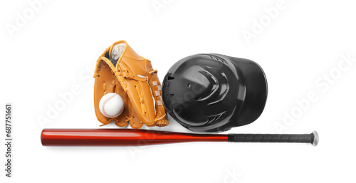 Slika na platnu Baseball glove, bat, ball and batting helmet isolated on white, top view