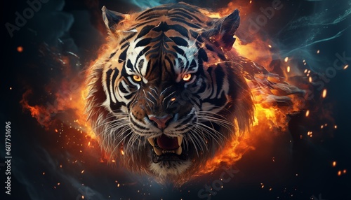 Image of an angry demon tiger terrifying with flames and smoke on dark background. Wildlife Animals. Illustration,