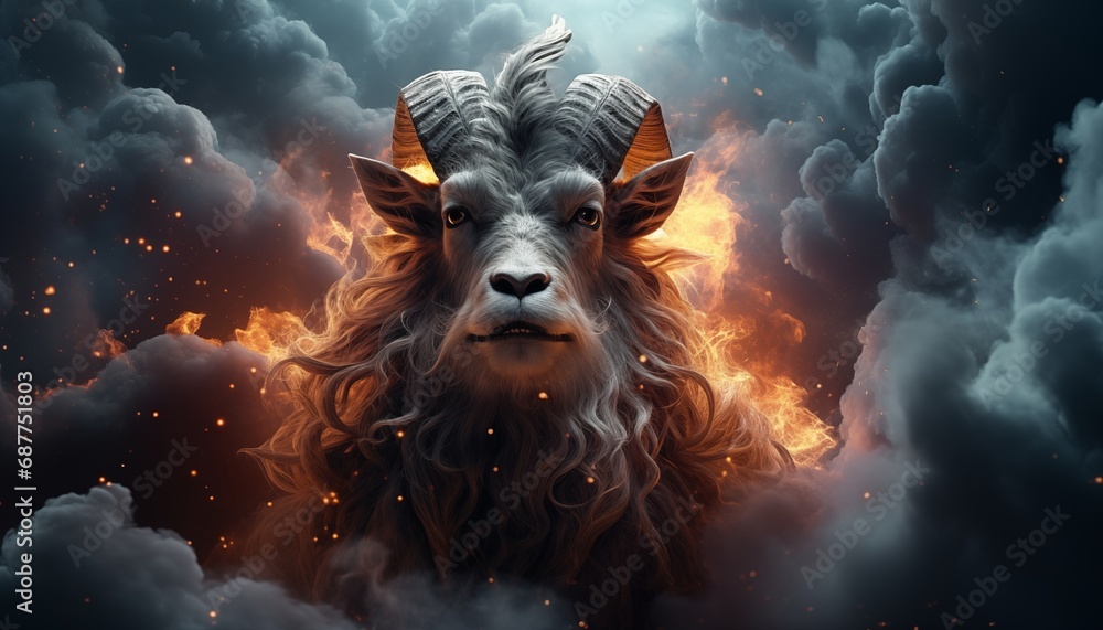A galaxies goat standing on top of a fire. Generative AI image. - obrazy, fototapety, plakaty 