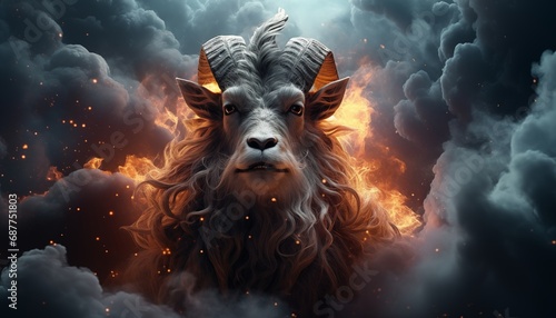 A galaxies goat standing on top of a fire. Generative AI image.