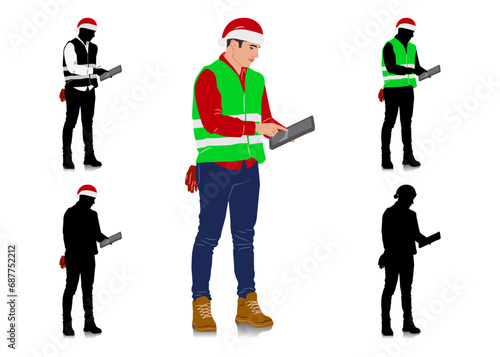 Set of male construction workers wearing Christmas hats and vests. Warehouse workers in different poses and color options with Santa hats. Vector illustration isolated on white