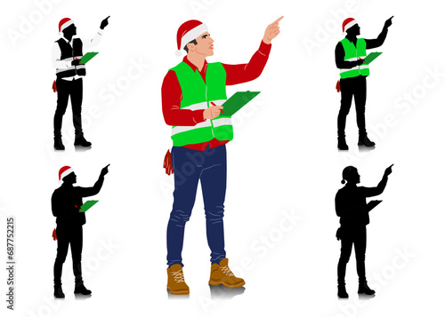 Set of male construction workers wearing Christmas hats and vests. Warehouse workers in different poses and color options with Santa hats. Vector illustration isolated on white