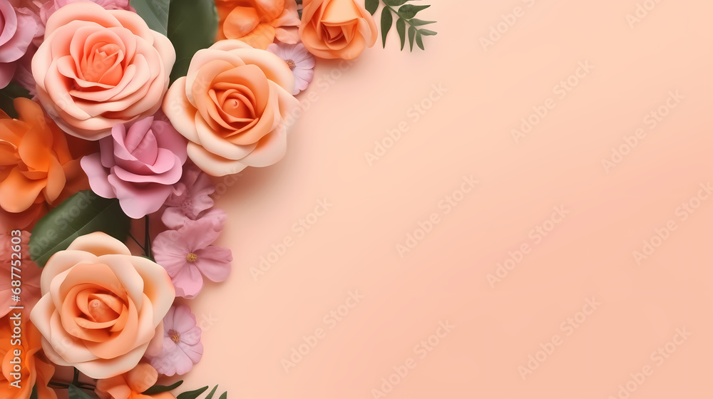 A pink and orange background empty mock up with roses and leaves A pink and orange background empty mock up with roses and leaves